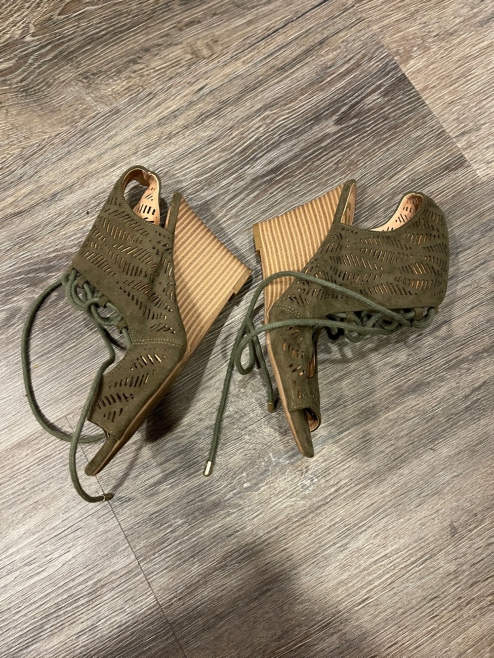 Report Olive Cutout Lace-Up Peep Toe Wedge Sandals
